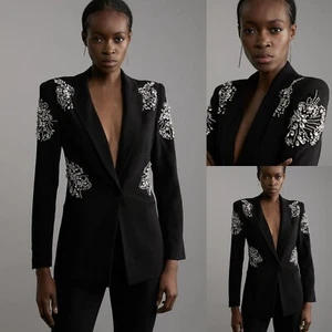 Black Women Suit 2Pcs Ladies Office Crystal Work Wear Set Business Formal Blazer - Picture 1 of 7