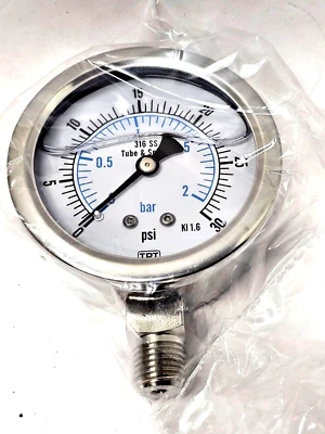 Gauge 2-1/2" Face S/S Case 0-30 PSI/KPA/BAR 1/4" NPT S/S Lower Filled 101er21 - Image 1 of 4