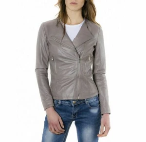 Mujer Cóctel Elegante Gris Invierno Motocicleta Suave Piel de Cordero Cuero Chaqueta de Motociclista - Imagen 1 de 7