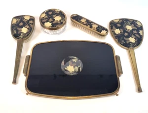 Vintage Vanity Set Black Gold Leaves Mirror Brush Tray Pot - Imagen 1 de 24