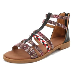 Boho Ethno-Stil Römer Damen offene Zehenpartie Reißverschluss Sandale flache Schuhe Sommer Größe - Bild 1 von 27