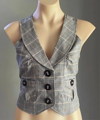 LOVELY GIRL Vest Grey Mustard Beige Black Check Sleeveless Waistcoat Size M - image 1 of 4