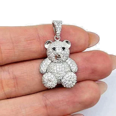Colgante de oso de peluche hinchado pavé circonita cúbica oro sobre plata esterlina 1,1" Foto 1 de 4