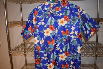 Hawaii Made vtg Blue Hawaiian Shirt Aloha Parrot Bird EUC Men's Large - Image 1 of 4