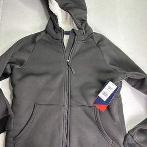 Reebok Sherpa Lined Zip Up Black Jacket Hooded Pockets Women’s Large *415 NEW - Picture 1 of 10