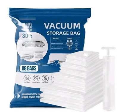 Paquete de 12 bolsas de almacenamiento al vacío que ahorran espacio bomba manual 3x pequeñas, medianas, grandes, jumbo Foto 1 de 4