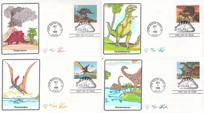 Set of 4 1981 25c Dinosaurs #2422-25 FDC Hand Painted by Pugh ST3731 - Image 1 of 4