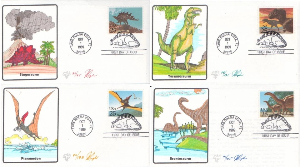 Set of 4 1981 25c Dinosaurs #2422-25 FDC Hand Painted by Pugh ST3731 - Image 1 of 4