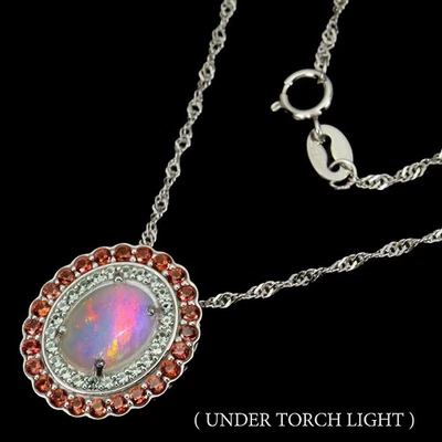 925 Argento Sterling Collana Ovale Opale di Fuoco 9x6mm Zaffiro Gemma Gioielli - Immagine 1 di 4