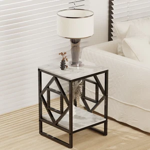 White Marble Top Side Table Sofa End Table Bedside Nightstand Black Coated Frame - Picture 1 of 12