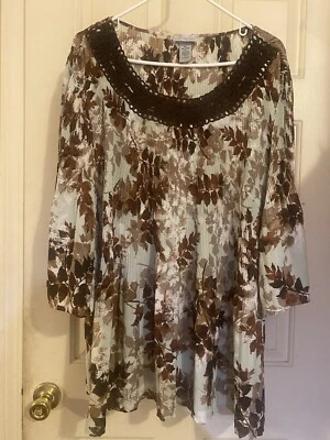 Blusa túnica plisada adornada Catherines manga 3/4 campana 2X 22/24 Plus marrón Foto 1 de 4