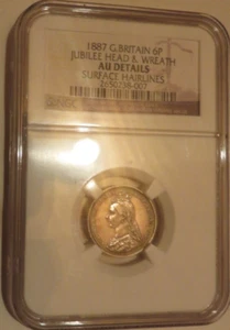 1887 Great Britain 6 Pence Jubilee Head & Shield AU Details Hairlines NGC - Picture 1 of 2