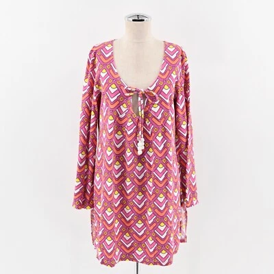 Vestido TIBI Talla M Rosa Terrycloth Multi Estampado Geométrico Corbata Frontal Boho Retro Años 70 Foto 1 de 4