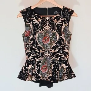 Black Floral Baroque Pattern Cotton Sleeveless Peplum Top XS AU 6 CUE - Picture 1 of 8