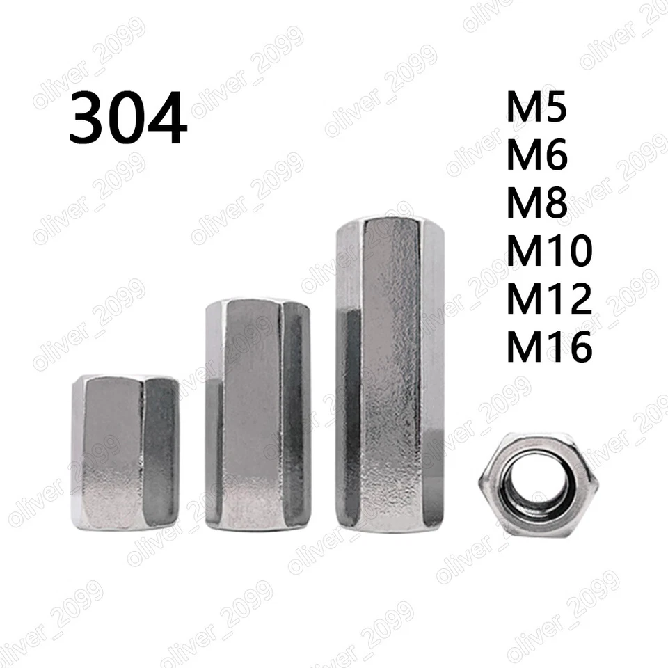 304 Stainless Steel Long Hex Coupling Nuts DIN6334 Standoff Spacer Pillar M5-M16 - Image 1 of 4