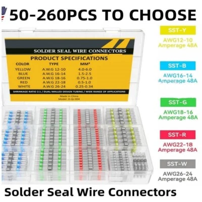 Waterproof Solder Seal Sleeve Terminal Heat Shrink Wire Butt Connector 50-260PCS - Image 1 of 4