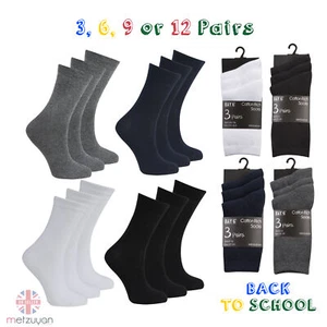 3 6 9 or 12 Pairs Kids Boys Girls Cotton Rich School Ankle Socks Plain Uniform  - Picture 1 of 34