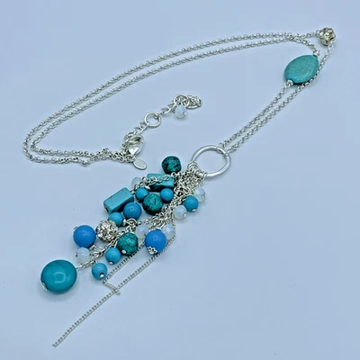 Chico’s 36 英寸银色链式项链带绿松石和蓝色珠饰 4-432 — 第 1/4 张图片