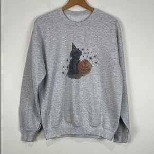 Gray Black Cat Pumpkin Sweatshirt Women’s Large Jack-o’-lantern Halloween - Picture 1 of 6