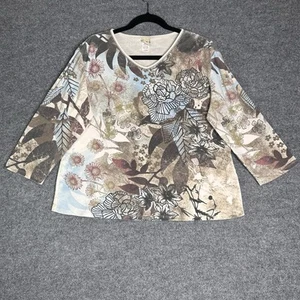 Top floral vintage Jess & Jane talla XL pedrería cuello en V arte - Imagen 1 de 8