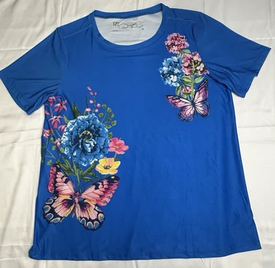 Camisa DG2 Diane Gilman Azul Floral Mariposa Manga Corta Top Talla Med Foto 1 de 4