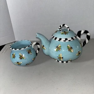 Vintage Patricia Dupont teiera ceramica 6" api blu miele con coperchio e tazza - Foto 1 di 11