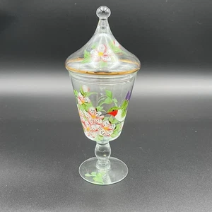 Hand Painted Pedestal Footed Apothecary Candy Jar Hummingbird Floral w/Lid - Picture 1 of 14
