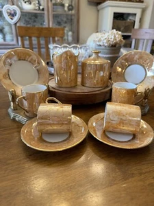4 Vintage Orange Gold Glanzware Demitasse Tassen Untertassen mit Zucker und Milchkännchen selten - Bild 1 von 10