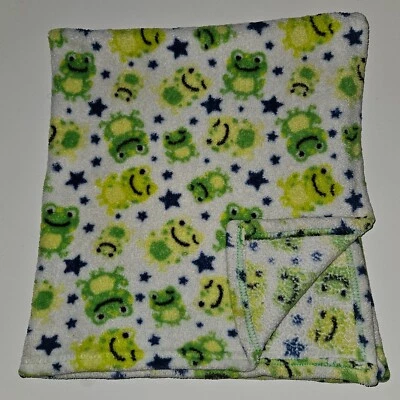 Cutie Pie Green Frog Fleece Baby Blanket Lovey Boy Girl Blue Star READ AS IS - Image 1 of 4