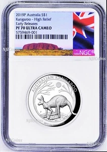 2019 P Australia HIGH RELIEF 1oz Silver Kangaroo $1 Coin NGC PF70 ER New Label - Picture 1 of 6