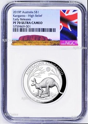 2019 P Australia HIGH RELIEF 1oz Silver Kangaroo $1 Coin NGC PF70 ER New Label - Image 1 of 4