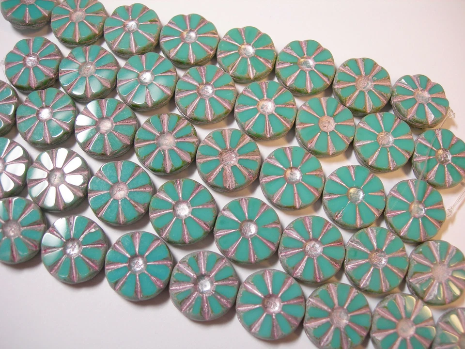 8 13mm Czech Glass Turquoise with Silver Daisy Flower Wheel Coin Beads - Image 1 of 1