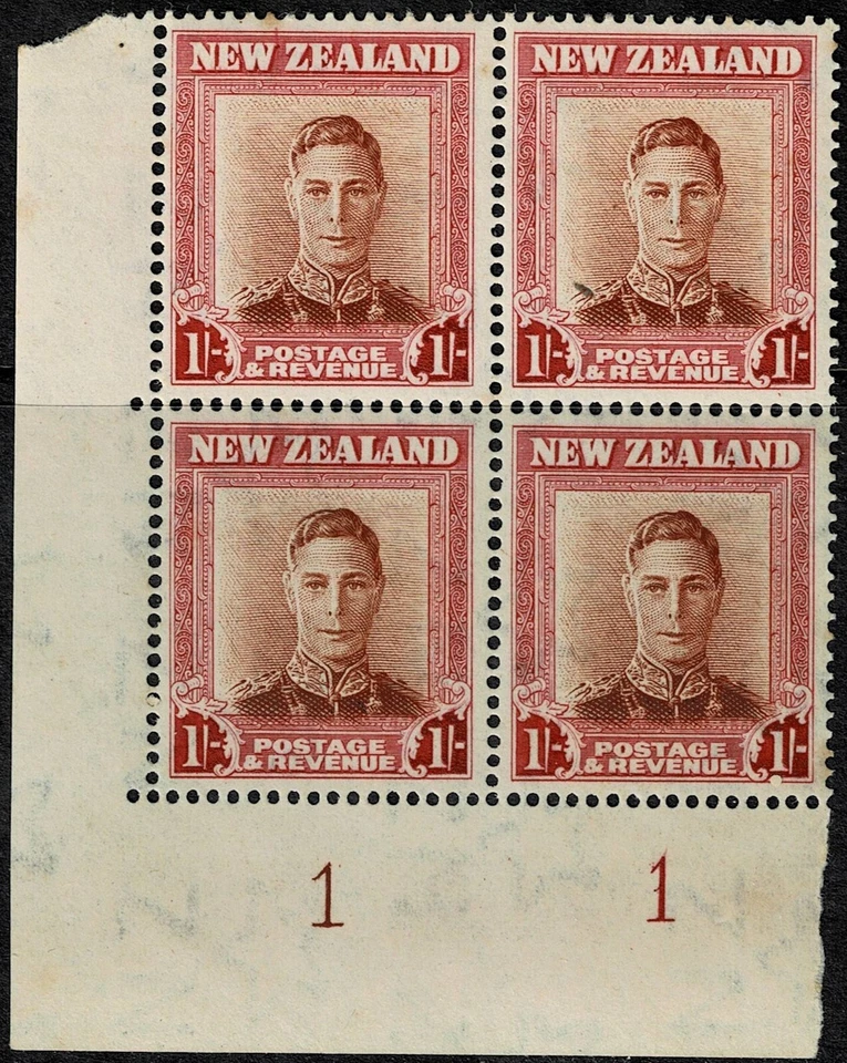 NEW ZEALAND - 1947 K.G.vi 1sh RED/BR/CL. PLATE BLOCK 1 1 - #M13a4 - MUH - NZ 449 - Image 1 of 1