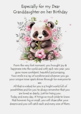 PICKTURE-THIS Especially For MY Dear Granddaughter On Her Birthday - A5 Card Birthday Panda