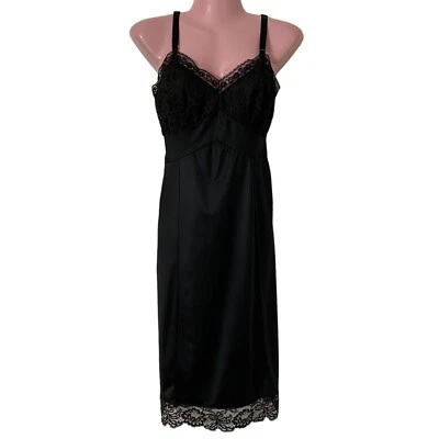 Vintage Adonna Full Slip Women's Size 34 Black Nylon Lace Bodice and Hem Pin-up - Image 1 of 4