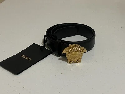 28/70 NEW $425 VERSACE Black Grainy Leather GOLD MEDUSA LOGO Classic WAIST BELT - Image 1 of 4