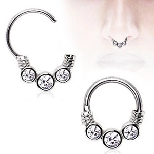 Septum Nose Captive Clicker w/3 Clear Gems 16 Gauge 3/8" Steel * - Picture 1 of 4