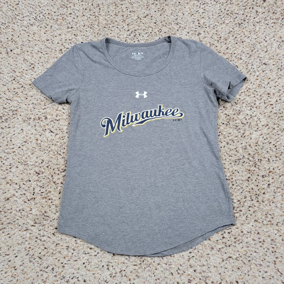 Milwaukee Brewers Shirt Womens Small Gray Under Armour Heatgear Baseball Adult - Image 1 of 4