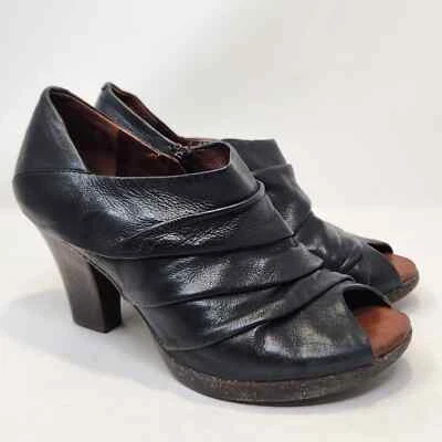 Naya Ana Black Leather Bootie Heels Womens Size 7.5 M Peep Toe Zip Pumps Bamboo - Image 1 of 4