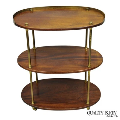 English Campaign Style Mahogany & Brass Oval 3 Tier Rolling Bar Cart Side Table - Image 1 of 4