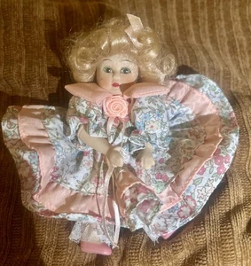 Vintage Small Porcelain Blonde Doll 6" Blue Dress - Picture 1 of 9
