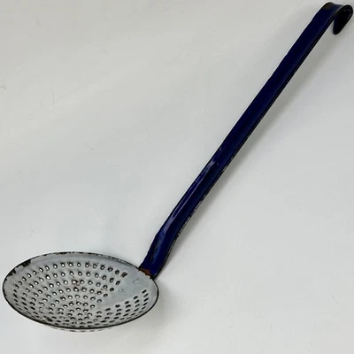Vintage French Rustic Country Kitchen Navy & White Enamel Ladle Cooking Utensil - Image 1 of 4