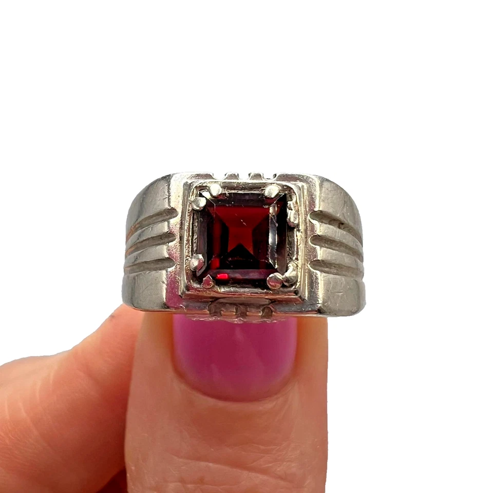 Anello vintage in argento sterling 925 zirconi rossi gioielli da uomo misura 9,5 - Immagine 1 di 4