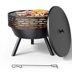 23 inch Outdoor Fire Pit with Lid & Grill, Heavy Duty Wood Burning Fire Pits ... - Picture 1 of 7