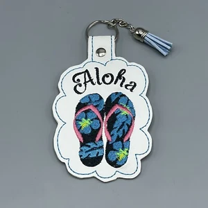 Embroidered Leather ALOHA W/ Slippahs Key Ring Bag Tag Handcrafted White Blue - Picture 1 of 3