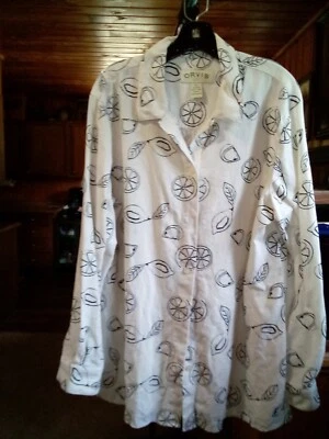 Женская белая и черная льняная рубашка Orvis на пуговицах с фруктовым принтом размер 16 - Изображение 1 из 4