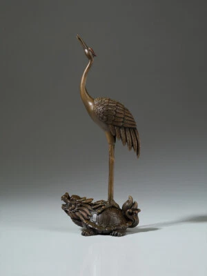 China Pure Copper Feng Shui Two Red-crowned Crane Dragon Turtle stratue - Image 1 of 4