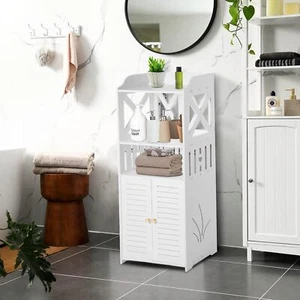 White Bathroom 3 Tier 2 Doors WPC Cabinet Shelf Cupboard Bedroom Storage Unit UK - Picture 1 of 12