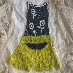 Vintage 1950s Blue Cotton Knit & Flower Sequin Dance Play Suit Long Fringe Romp - Picture 1 of 15