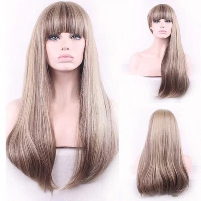 Custom Natural light blonde straight highlights full bangs synthetic womens wig